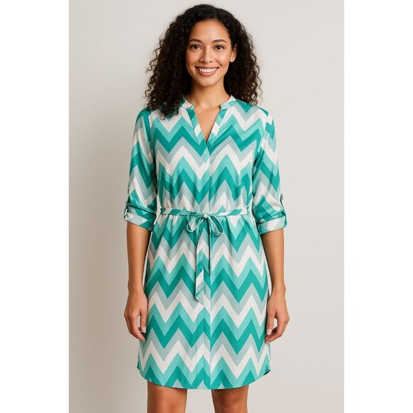 Tacera Dress Chevron Green Gray Tab Sleeve V Neck Women's WOMAN'S SIZE Medium - Picture 12 of 12